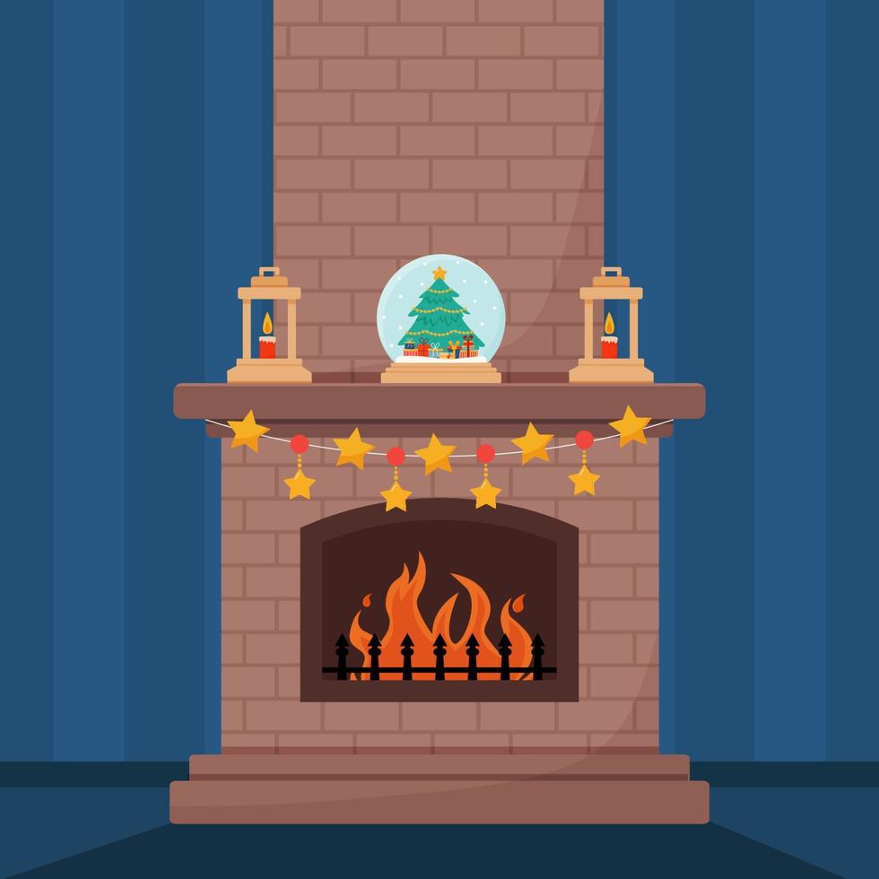 Chimenea navideña clásica con calcetines, faroles navideños, velas y bola de nieve de cristal. celebrando año nuevo y navidad. ilustración vectorial en estilo de dibujos animados vector