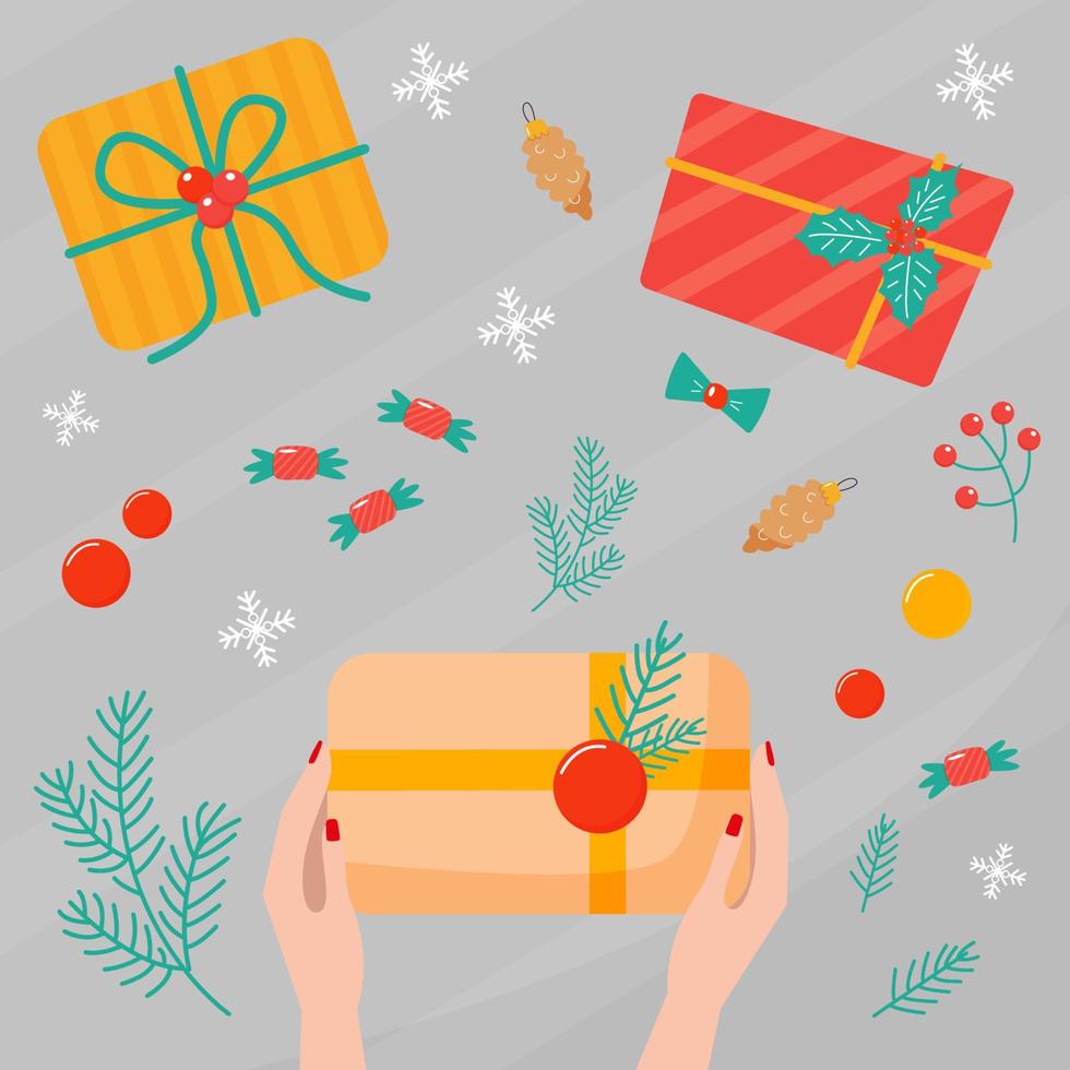 Womens hands are packing a gift on the table, top view. Process of Wrapping christmas gift boxes vector