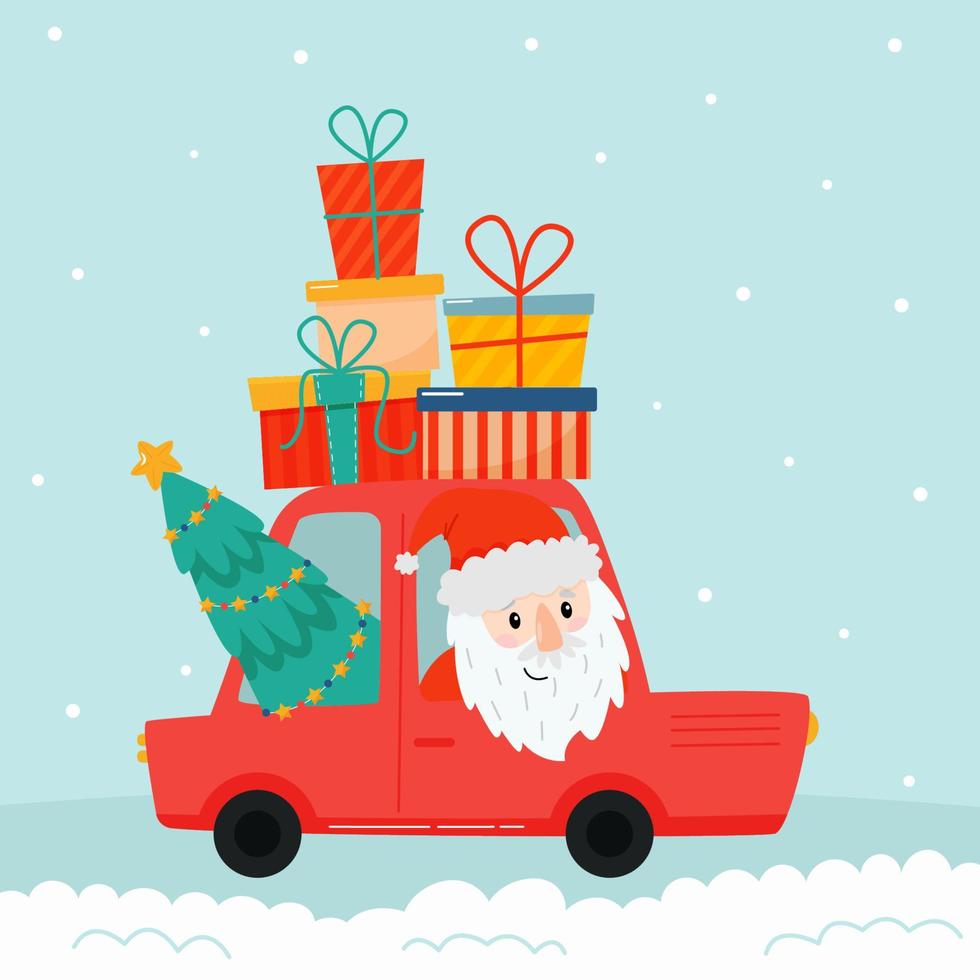 Christmas red car with Santa Claus, gift boxes and christmas tree. Christmas card. Vector illustration in cartoon style