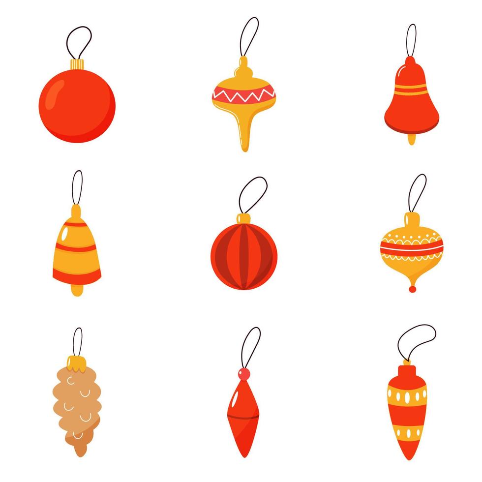 Christmas toys and balls. Different shapes new year decorations. Cartoon style icons set. Vector illustration