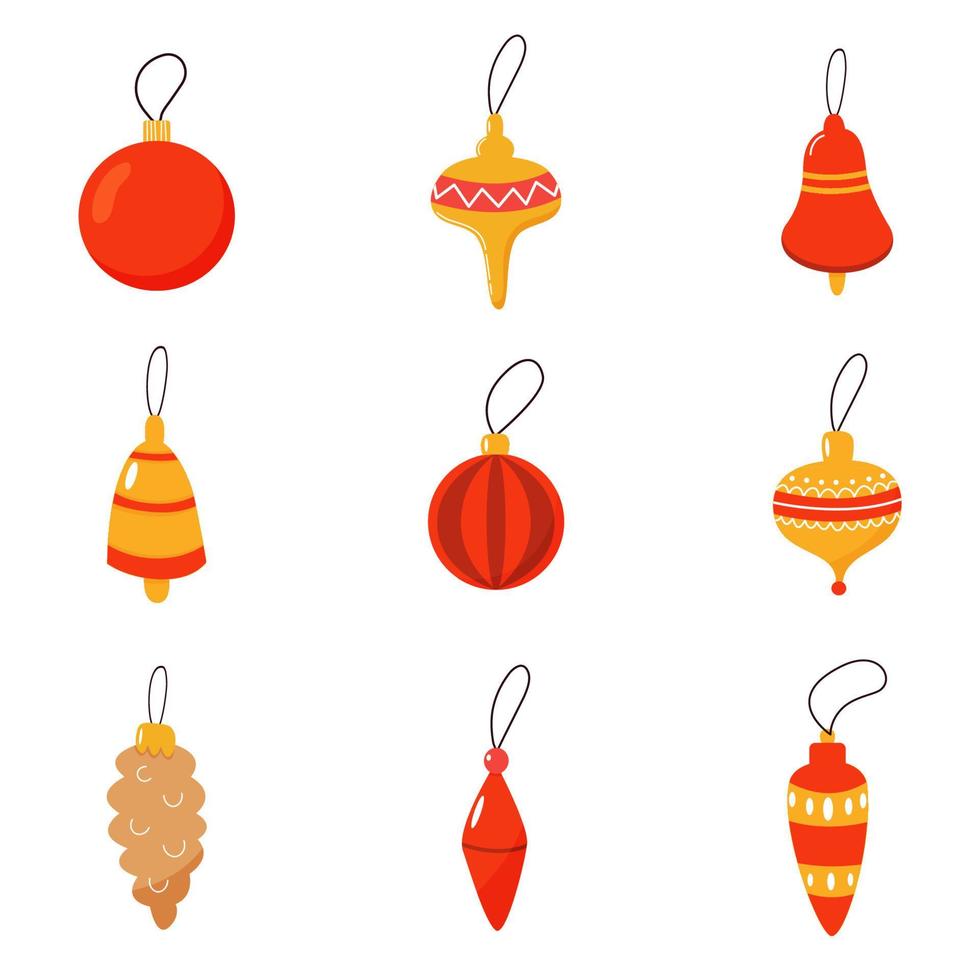 juguetes y bolas de navidad. decoraciones de año nuevo de diferentes formas. conjunto de iconos de estilo de dibujos animados. ilustración vectorial vector