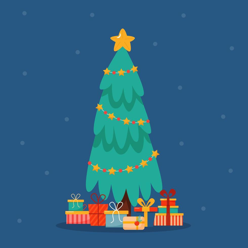 árbol de navidad con regalos sobre fondo azul. ilustración vectorial para postales, carteles, decoración. vector