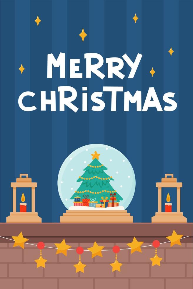 Christmas fireplace with decor, Christmas lanterns, candles and a large glass snow globe. Celebrating New Year and Christmas. Vector illustration in cartoon style
