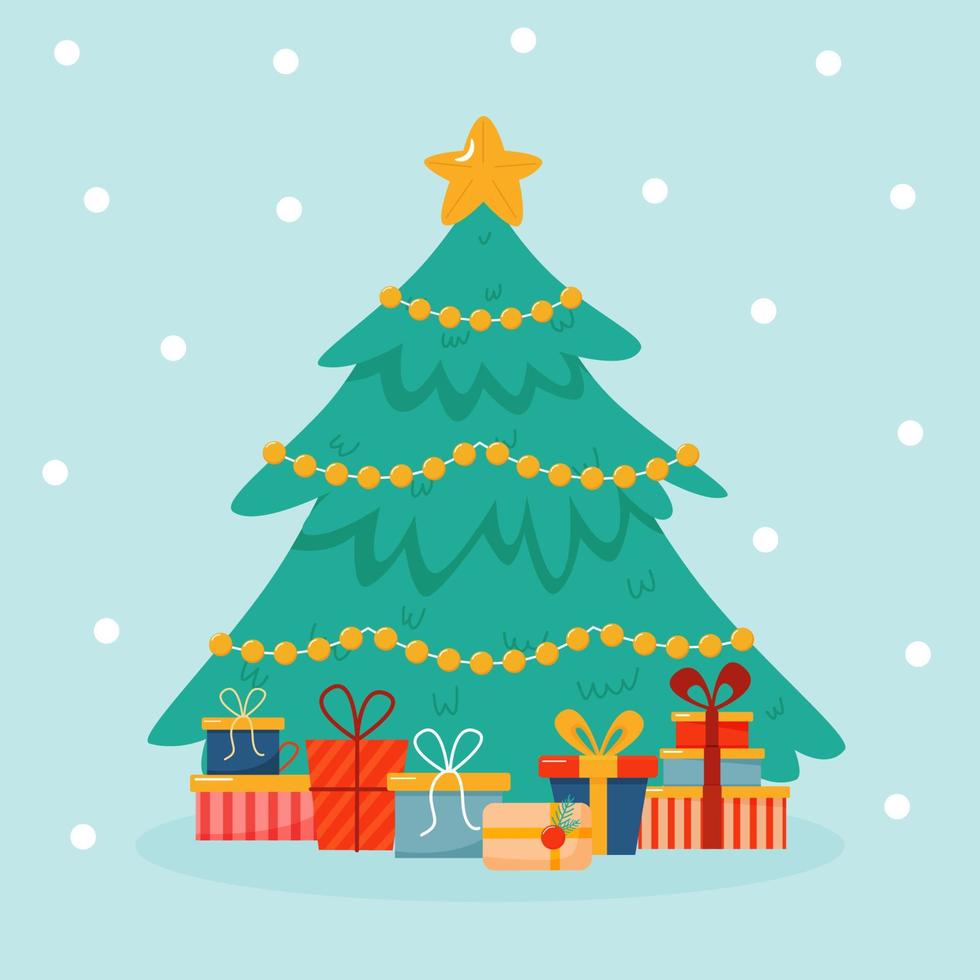 árbol de navidad con regalos, guirnaldas y estrellas en la parte superior sobre fondo azul vector