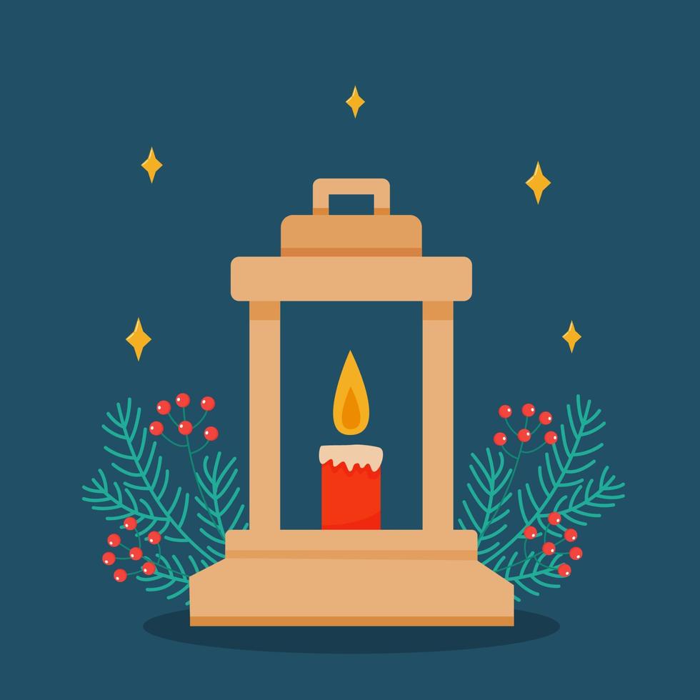 farol de navidad con velas y ramas de acebo y bayas rojas sobre fondo blanco vector