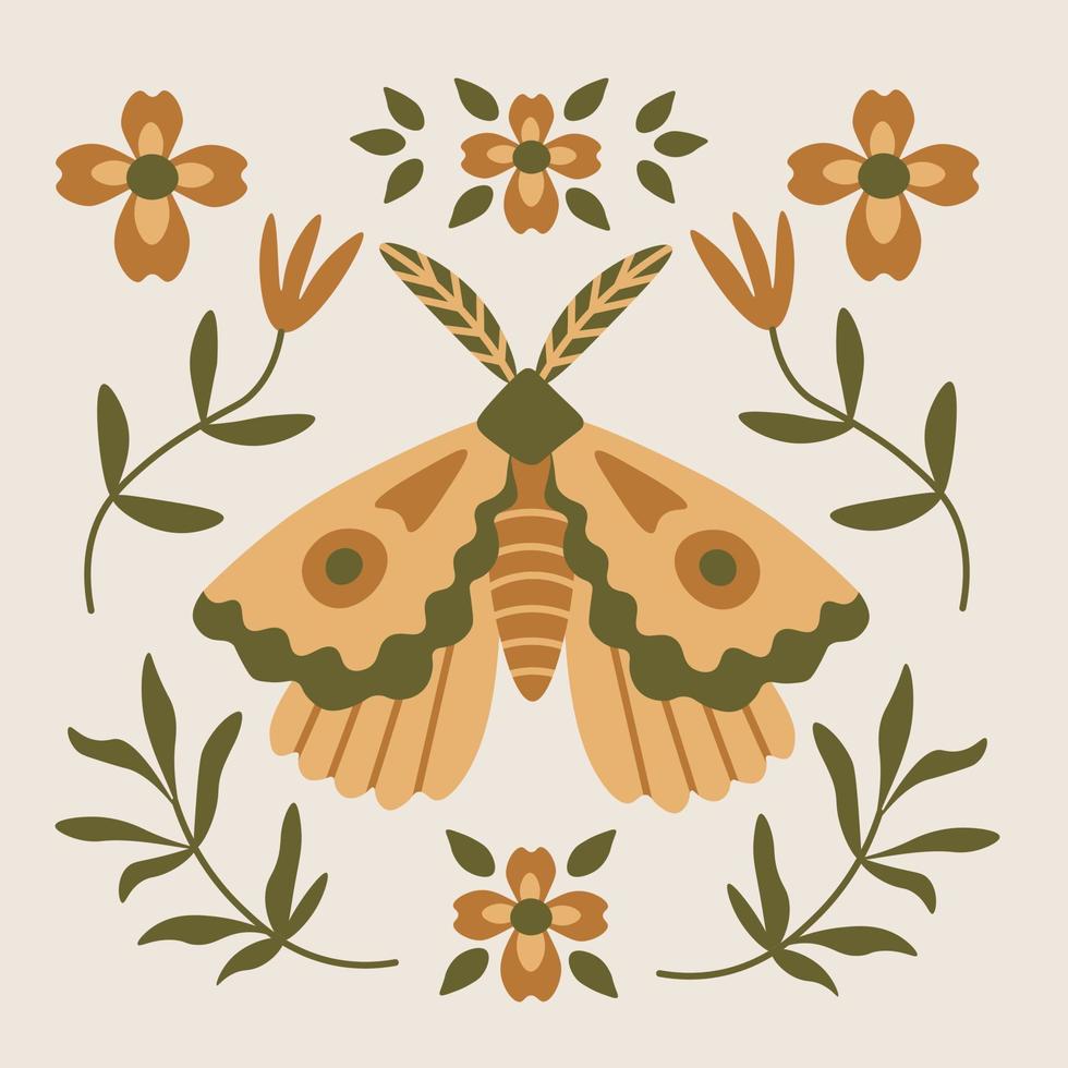 Butterfly with flowers and leaves in boho style vector