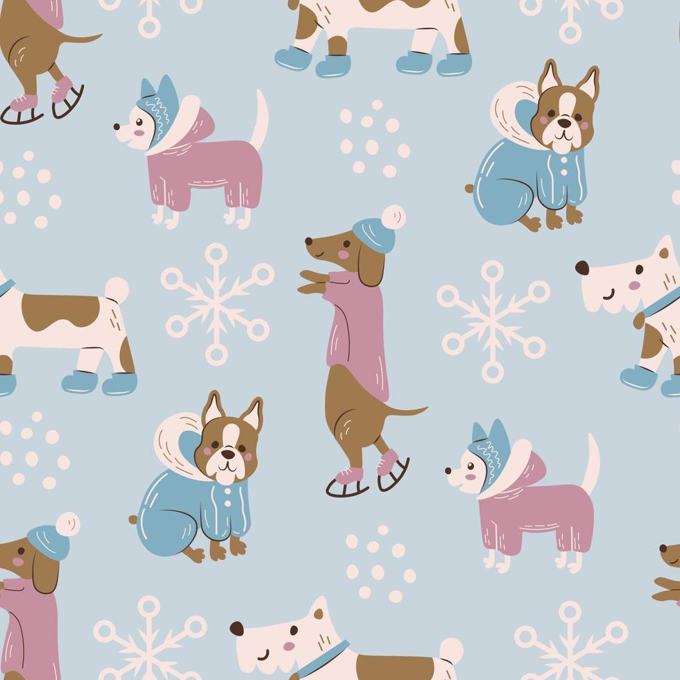 perros de invierno de patrones sin fisuras con copos de nieve vector