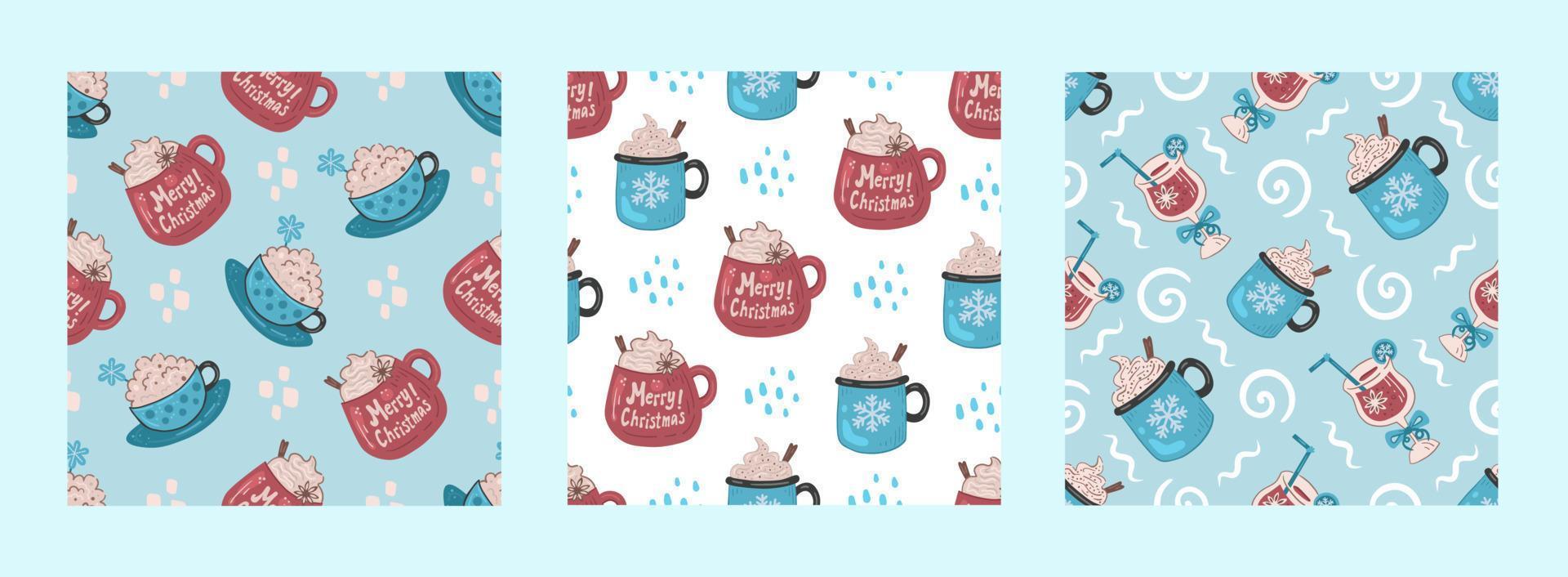 Christmas cups and mugs seamless pattern collection vector