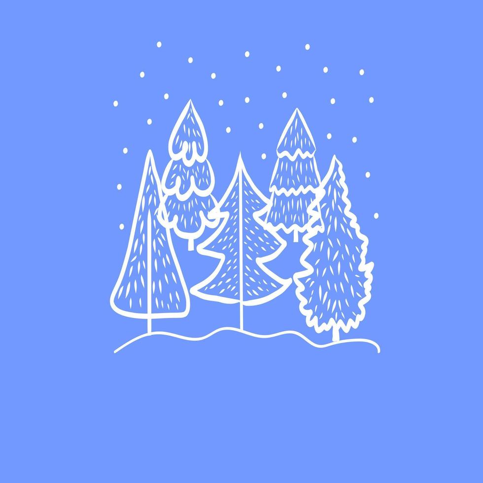 Happy new year and Christmas greeting card with stylized spruce and fir tree on blue background,bright print for design in doodle style,holiday decor,wear,postcard,winter hand drawn clip art vector