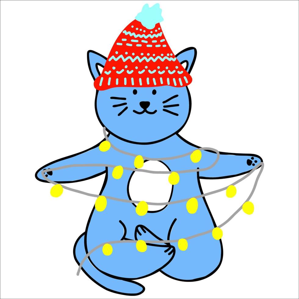 Cute blue cat in red hat meditating in lotus pose with new year garland,hand drawn clip art for christmas card,cover design, poster,chinese zodiac symbol of 2023 vector