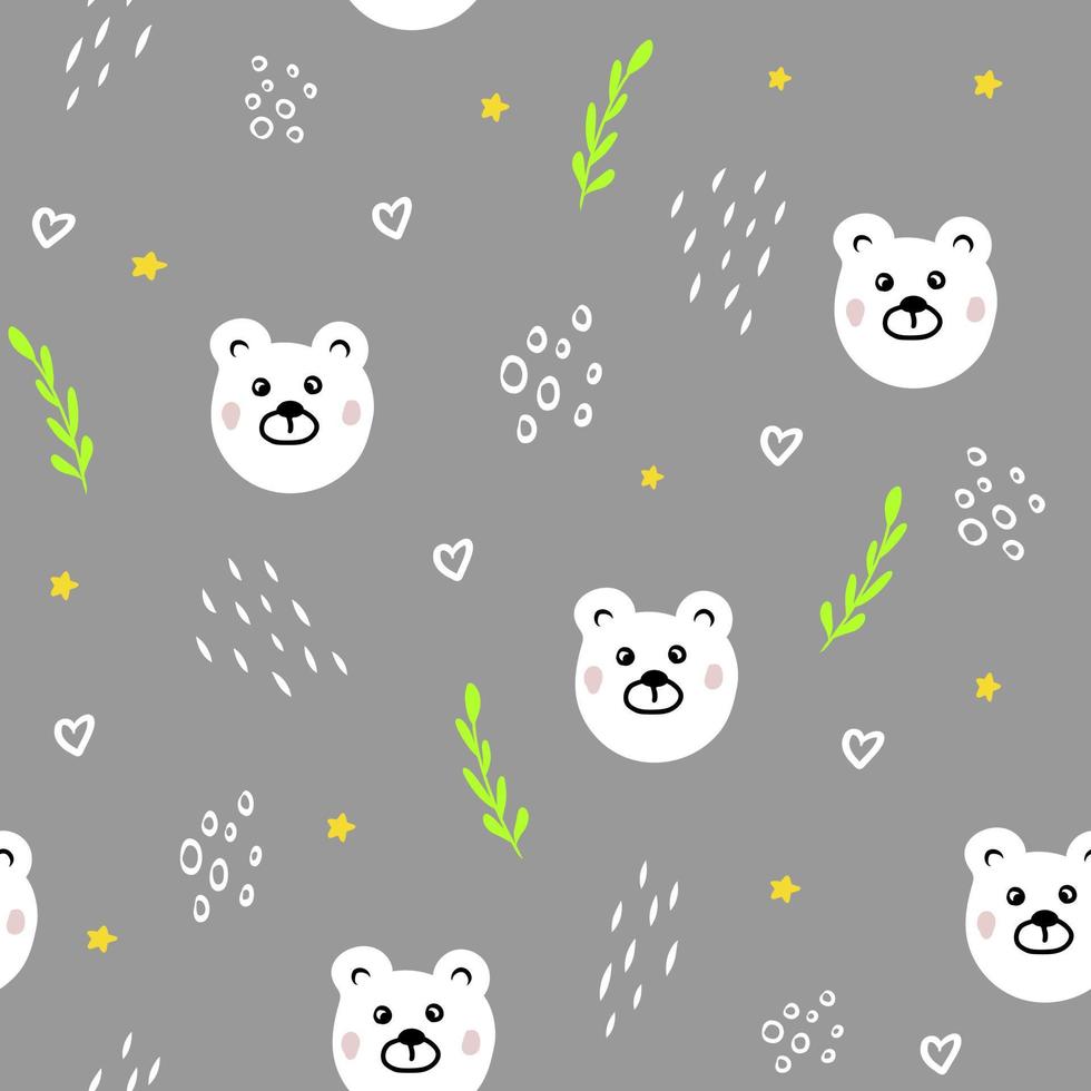 lindo patrón sin costuras con oso blanco y elementos abstractos simples sobre fondo gris, niños impresos con peluche para tela, textil, ropa de cama, ilustración para papel pintado, ducha de bebé, diseño de guardería vector