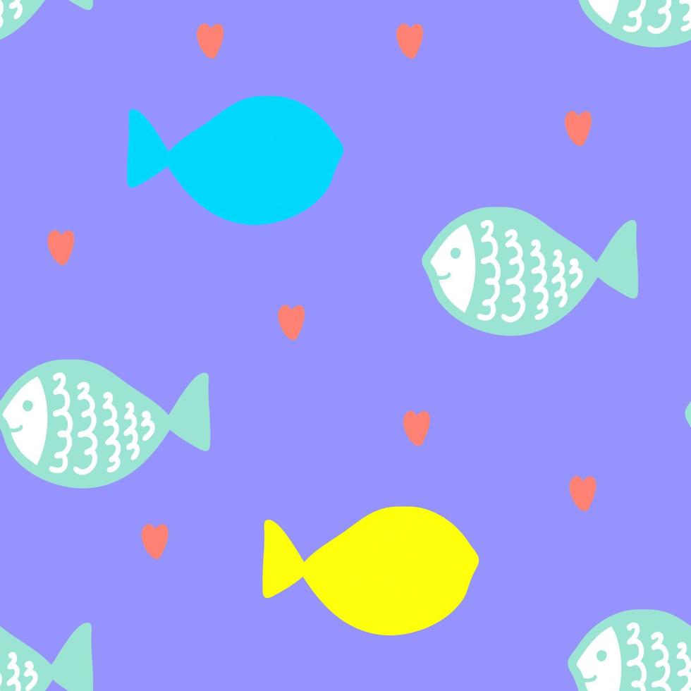 Seamless pattern with colorful fish and hearts,print for wallpaper,cover,kids textile,nursery decoration,interior design,baby fashion,violet background,underwater illustration vector