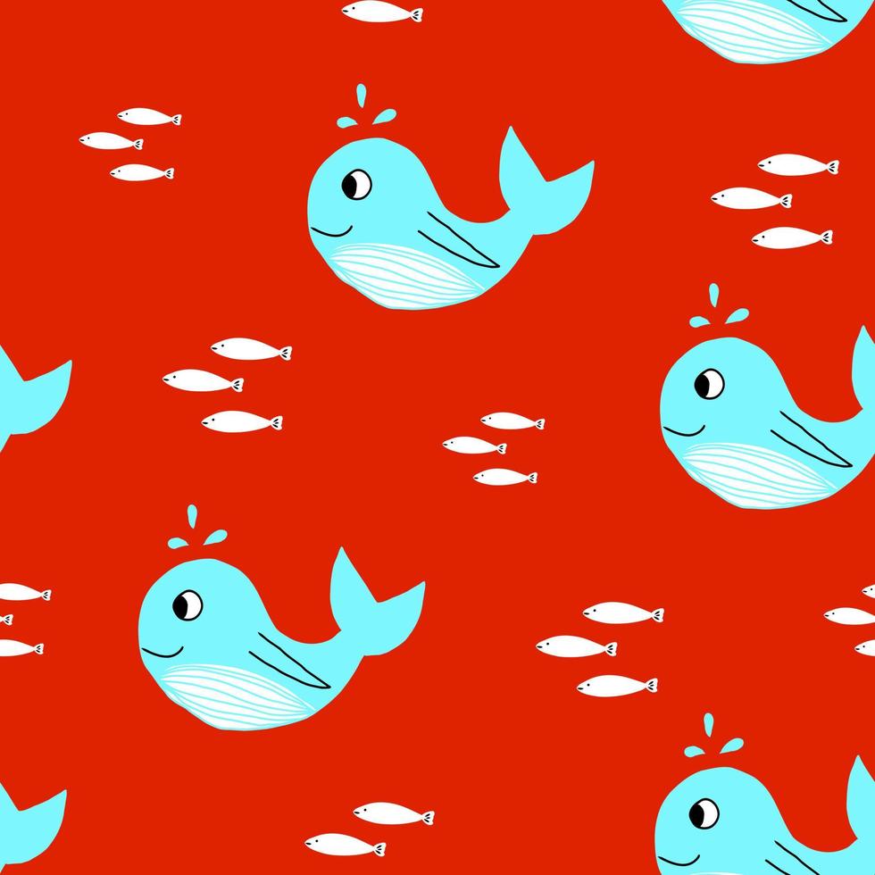 Vector seamless pattern with cute smiling whale,simple flat illustration,print for kids and baby fashion,textile,interior design,wallpaper,decoration,clip art on red background.