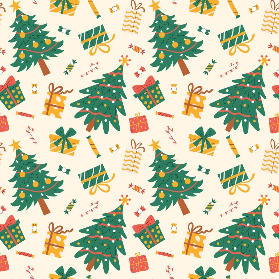 Seamless pattern with decorated Christmas trees, sweets and presents vector