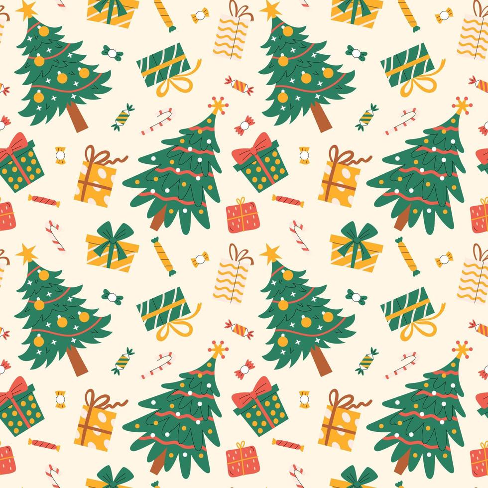 Seamless pattern with decorated Christmas trees, sweets and presents vector