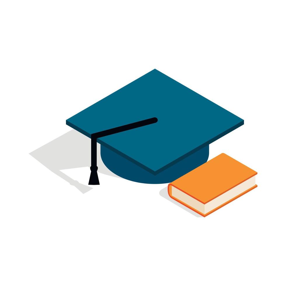 Student hat and book icon, isometric 3d style vector