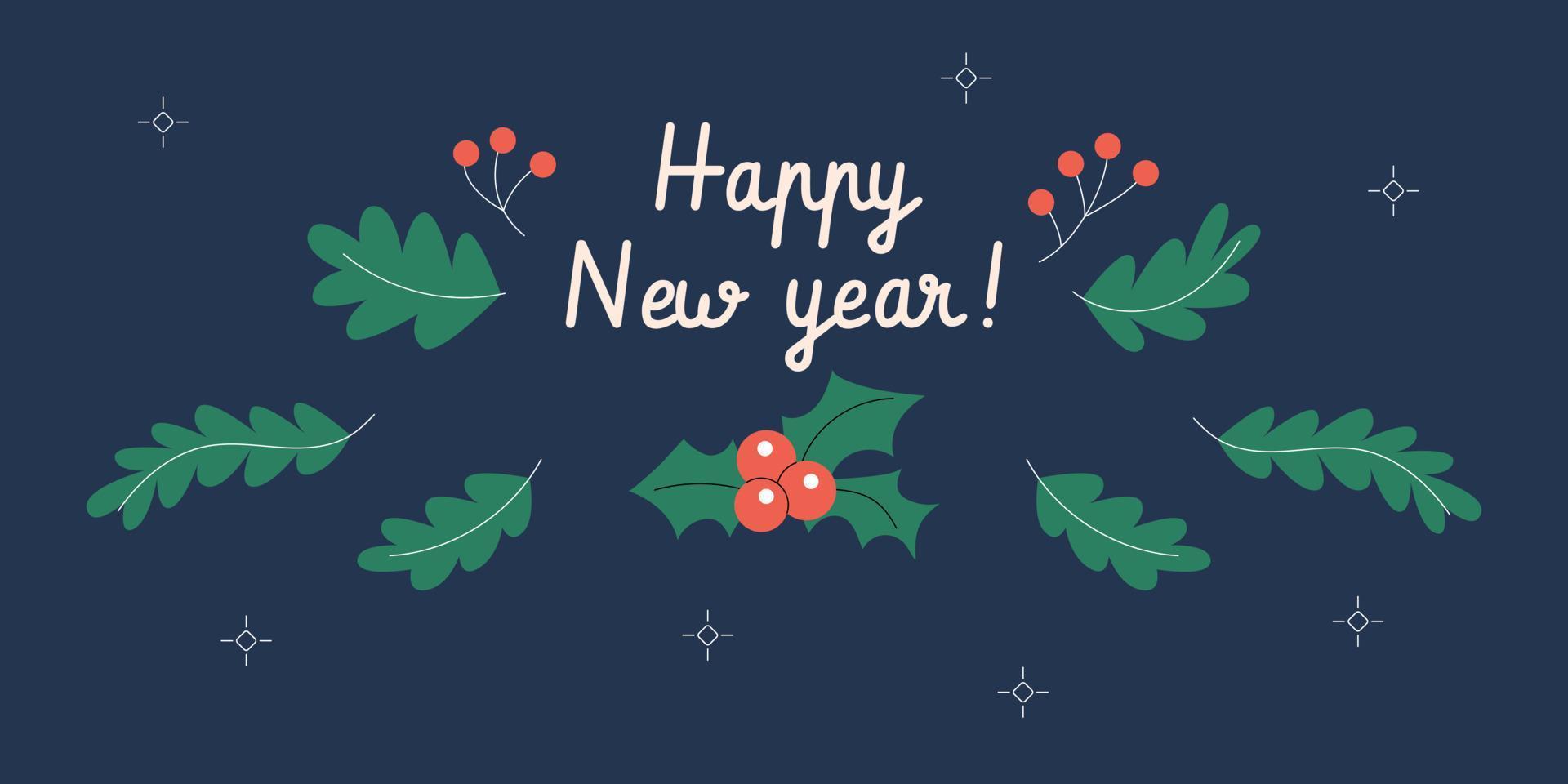 Happy new year horizontal banner with fir-tree branches and omela berries vector