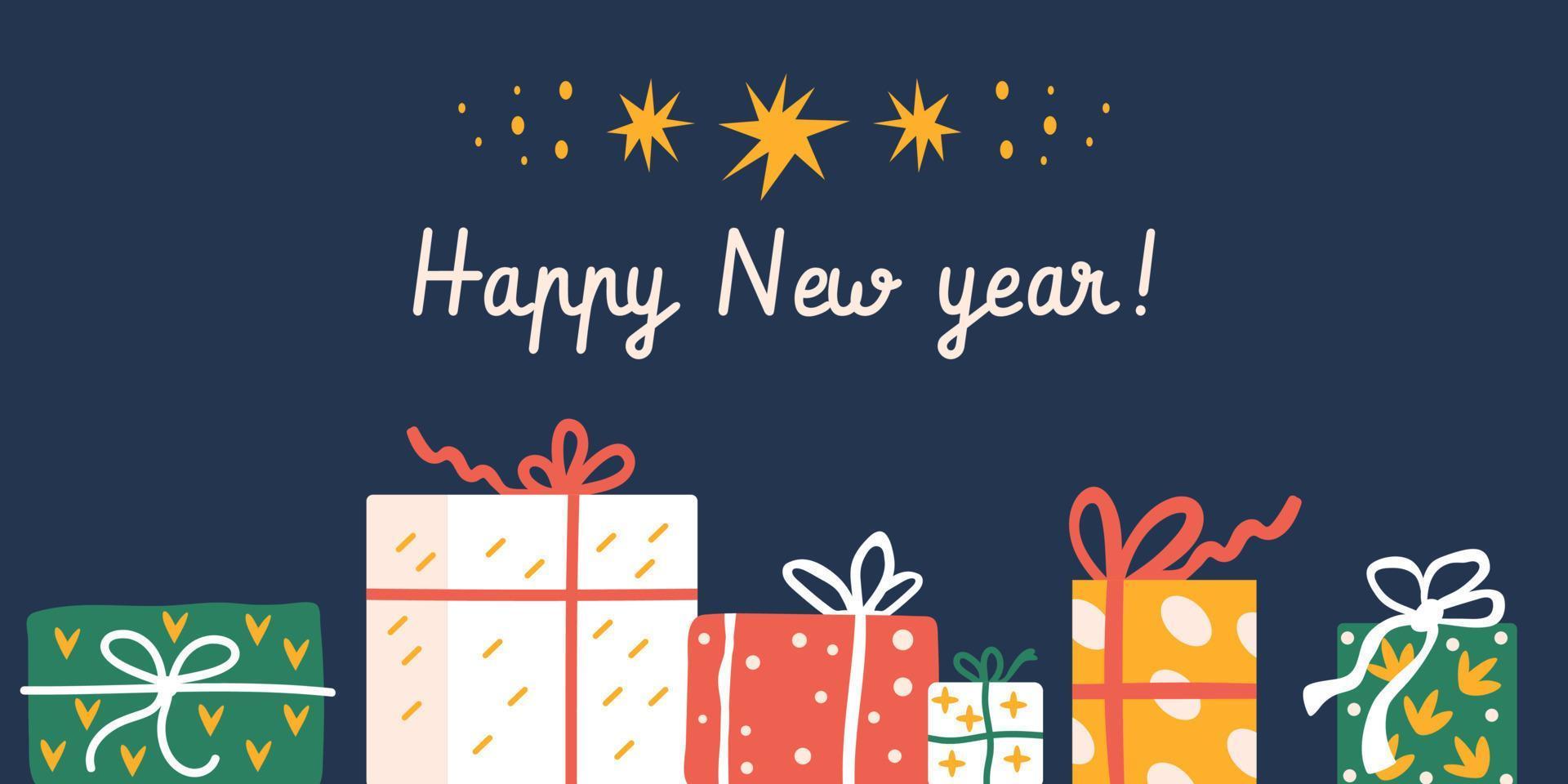 Happy New year horizontal banner with wrapped presents for Christmas vector