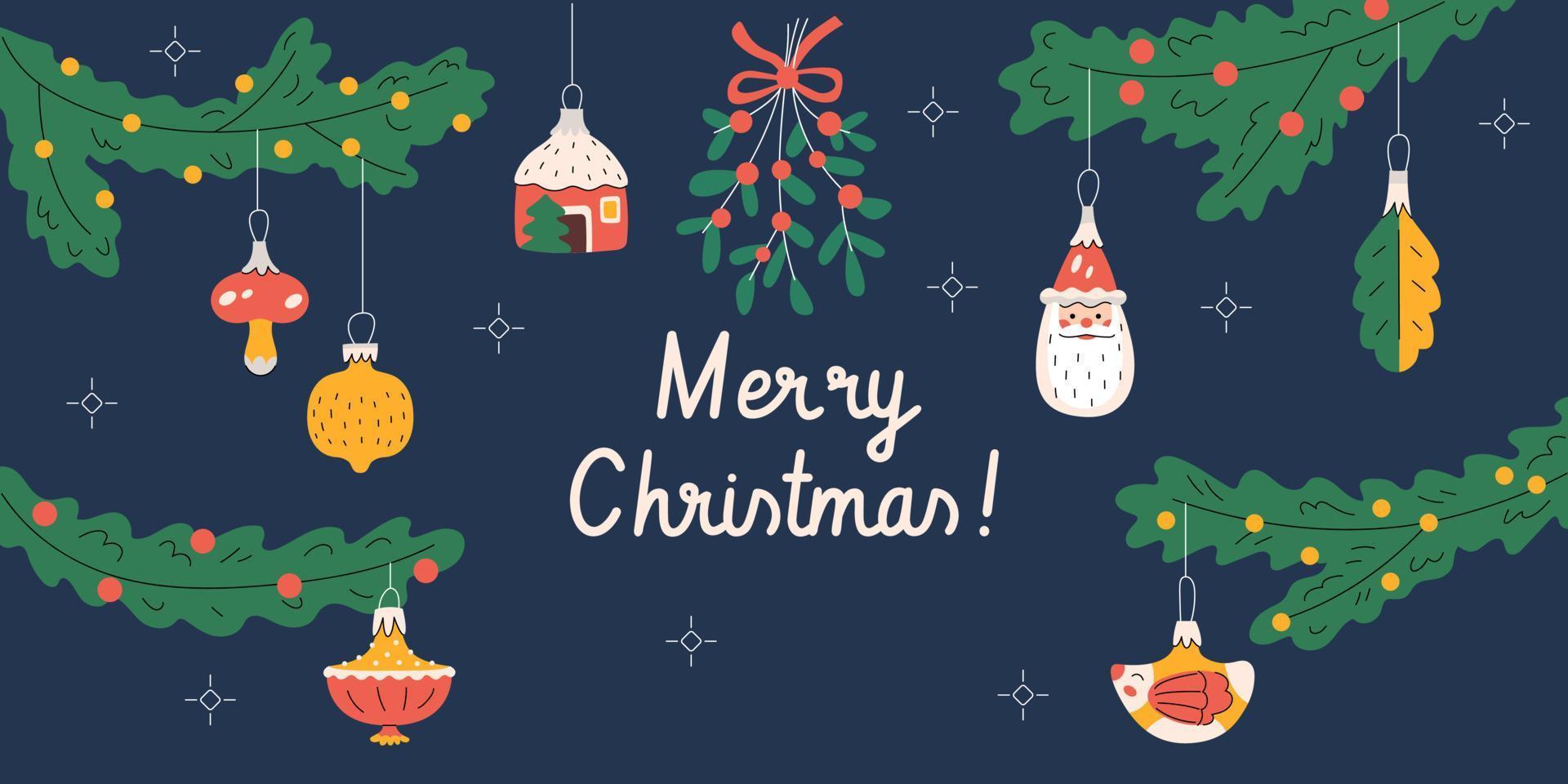 Merry Christmas horizontal banner with fir-tree branches and vintage ornaments vector