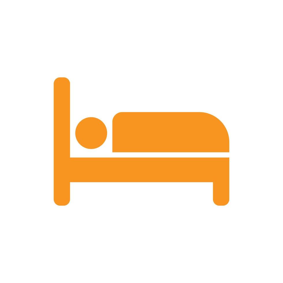 eps10 vector naranja hombre dormido en la cama icono de arte sólido aislado sobre fondo blanco. símbolo lleno de hotel y motel en un estilo moderno y plano simple para el diseño de su sitio web, logotipo y aplicación móvil