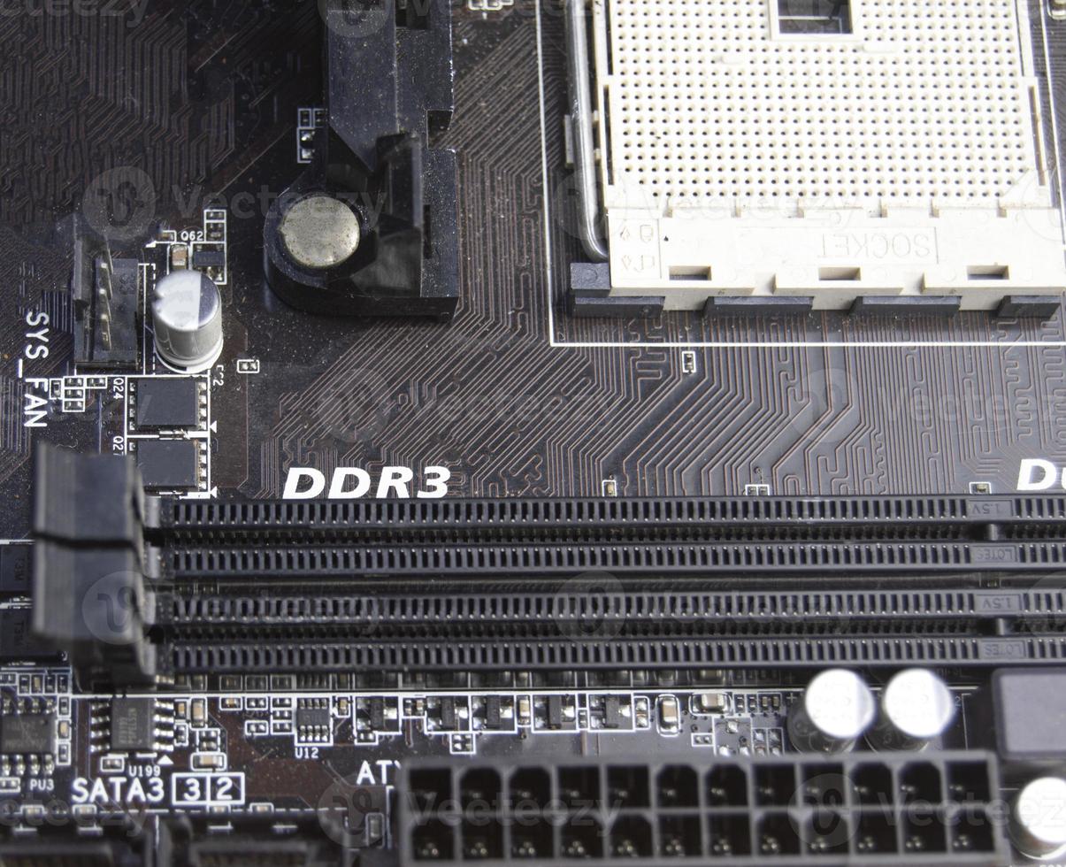 Close-up top view of motherboard, computer motherboard photo