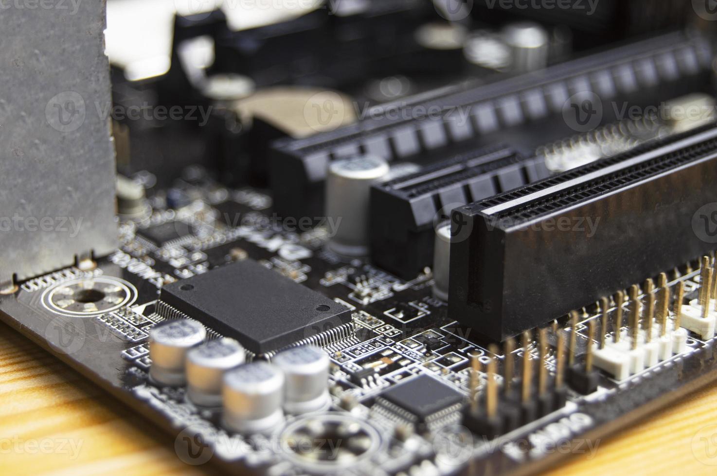 Close-up top view of motherboard, computer motherboard photo