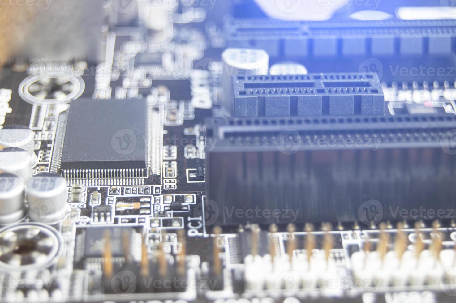 Close-up top view of motherboard, computer motherboard photo