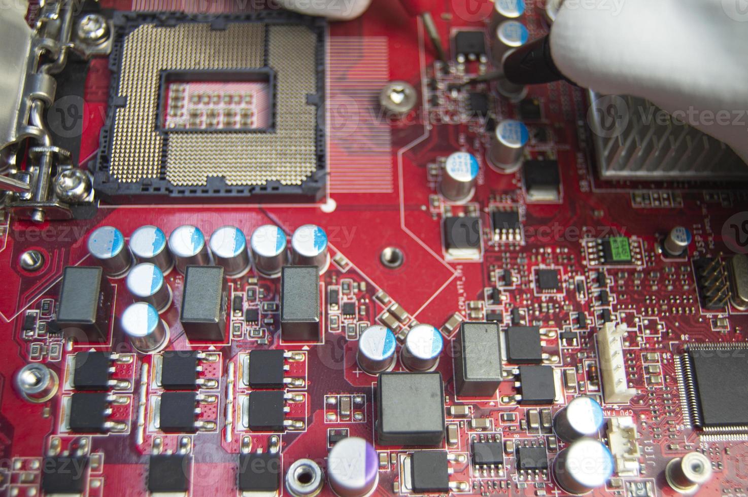 Close-up top view of motherboard, computer motherboard photo