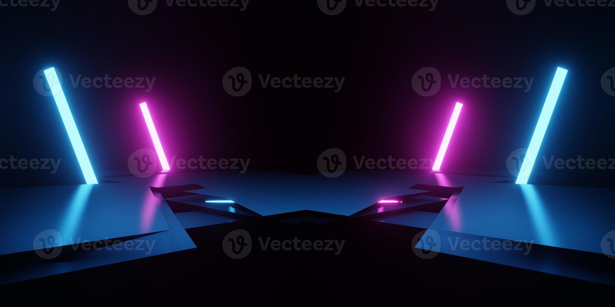 3d rendering of spaceship corridor neon glowing blue purple background futuristic. Cyberpunk concept. Scene for advertising, showroom, technology, future, modern, sport, metaverse. Sci Fi Illustration photo