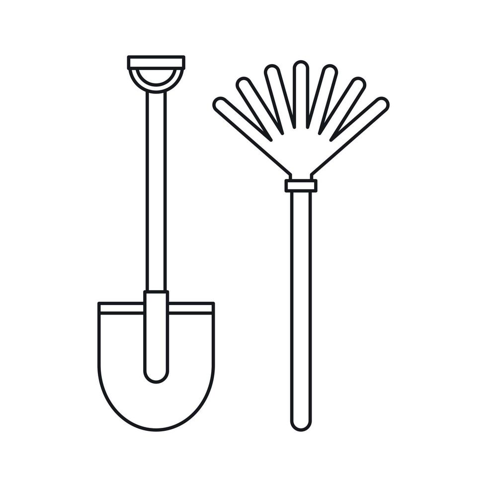 Rake and shovel icon, outline style vector