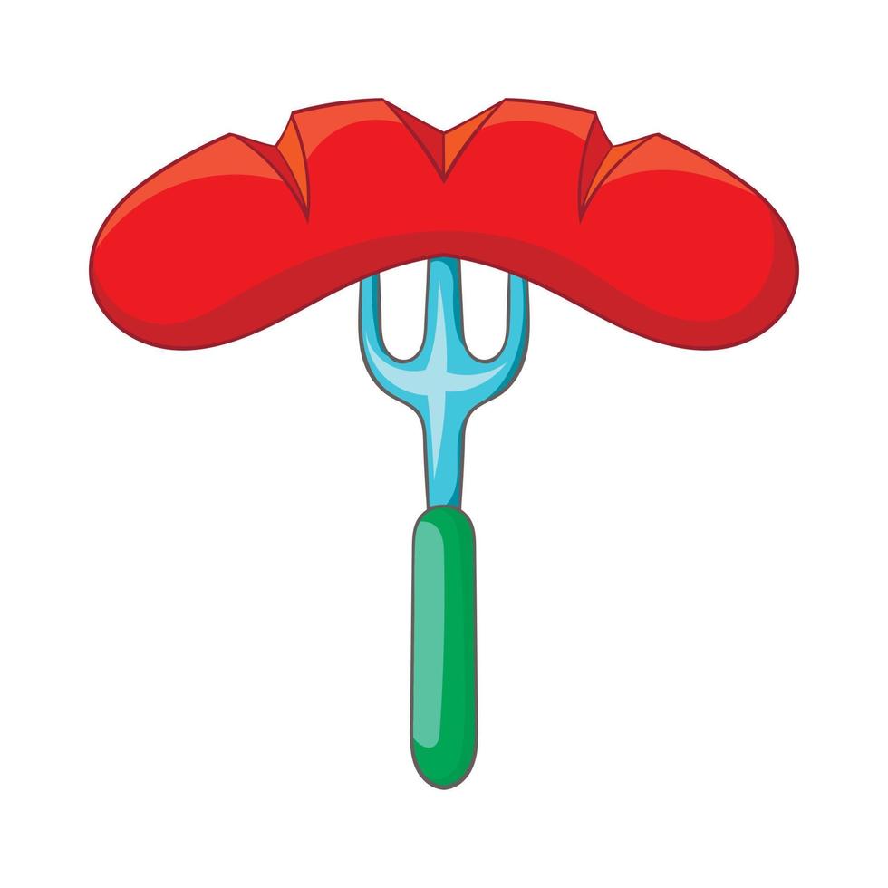 Sausage on fork icon, cartoon style vector