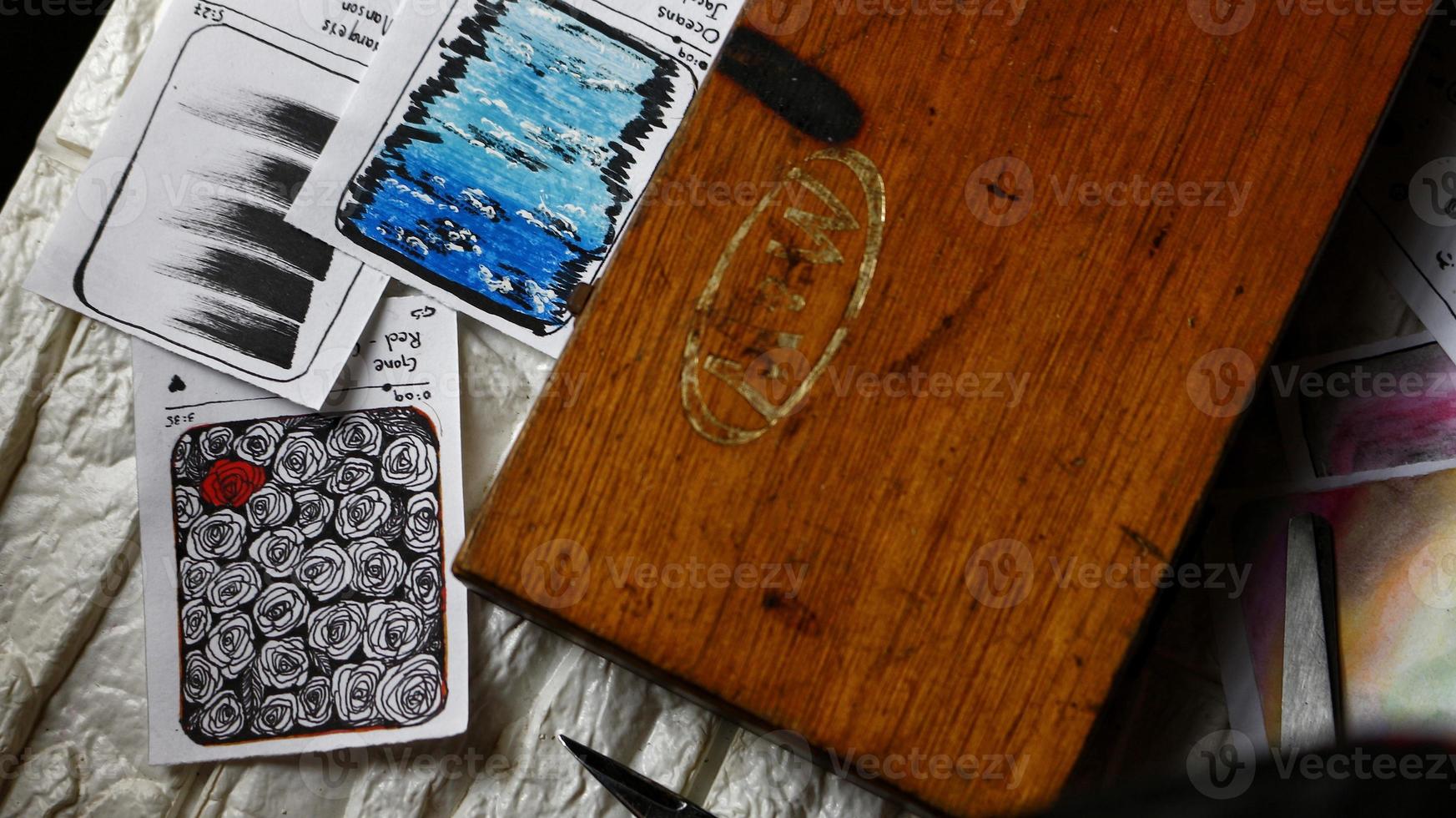 View Of Desk From Above With Arts Supplies On It photo