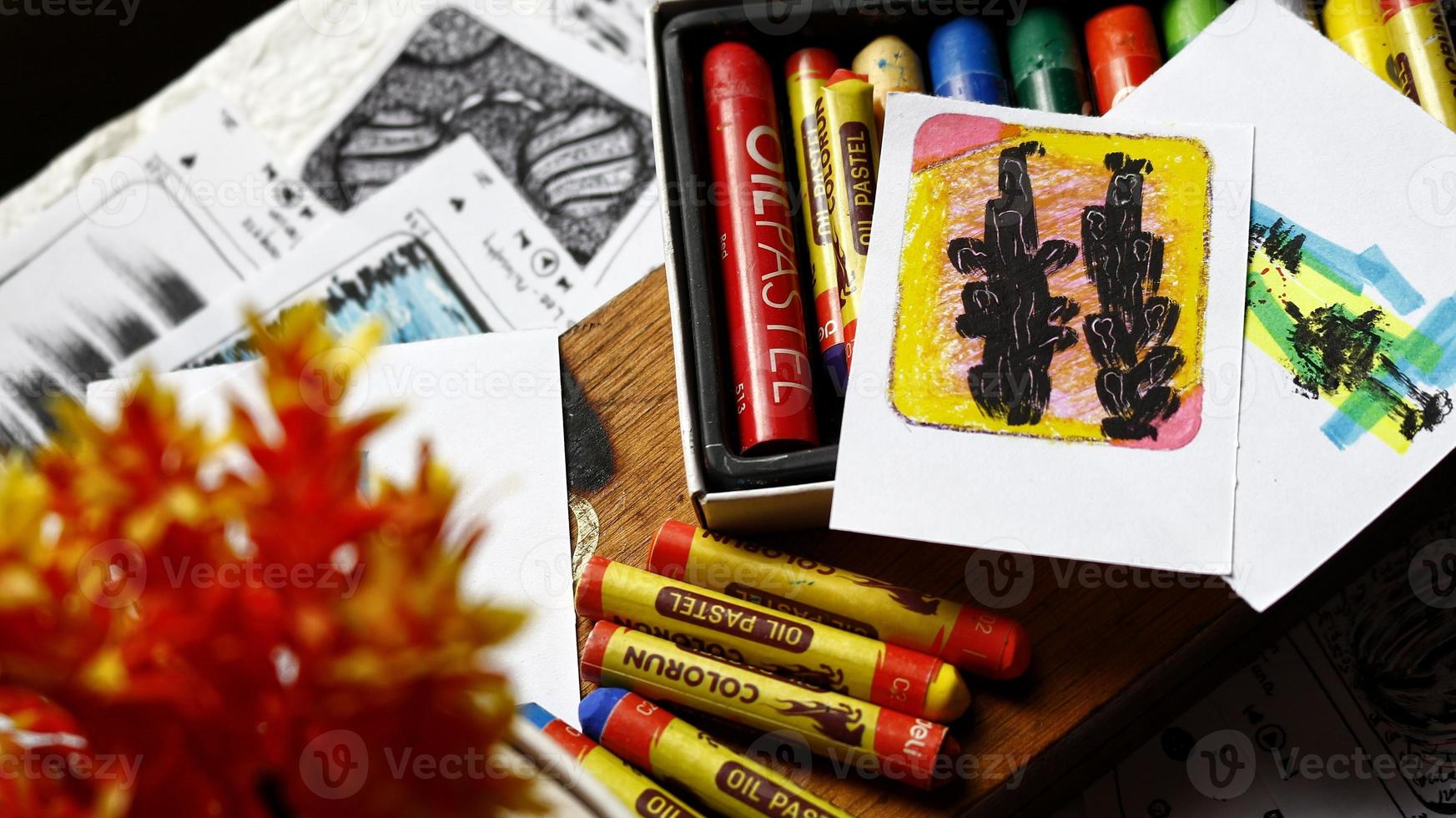 View Of Desk From Above With Arts Supplies On It photo