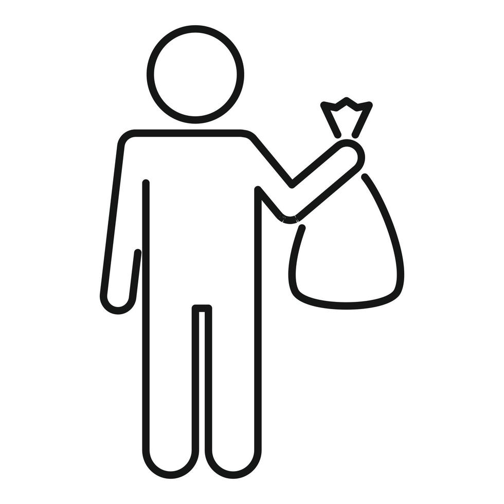 el hombre toma el icono de la bolsa de basura, el estilo de contorno vector