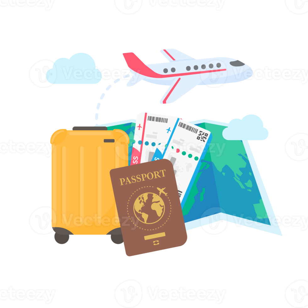 världskartan är fäst för att planera resor med internationella flygbolag. med bagage och flygbiljetter png