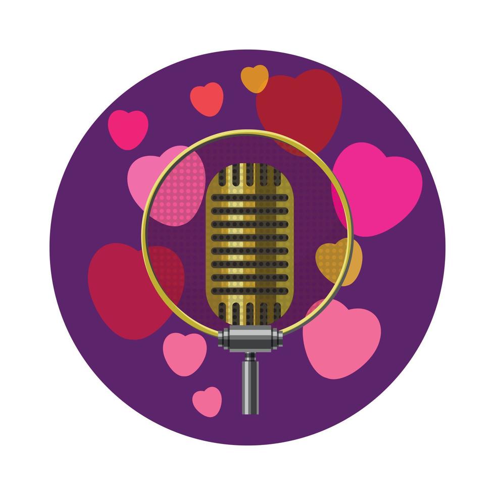 Vintage microphone and pink hearts icon vector