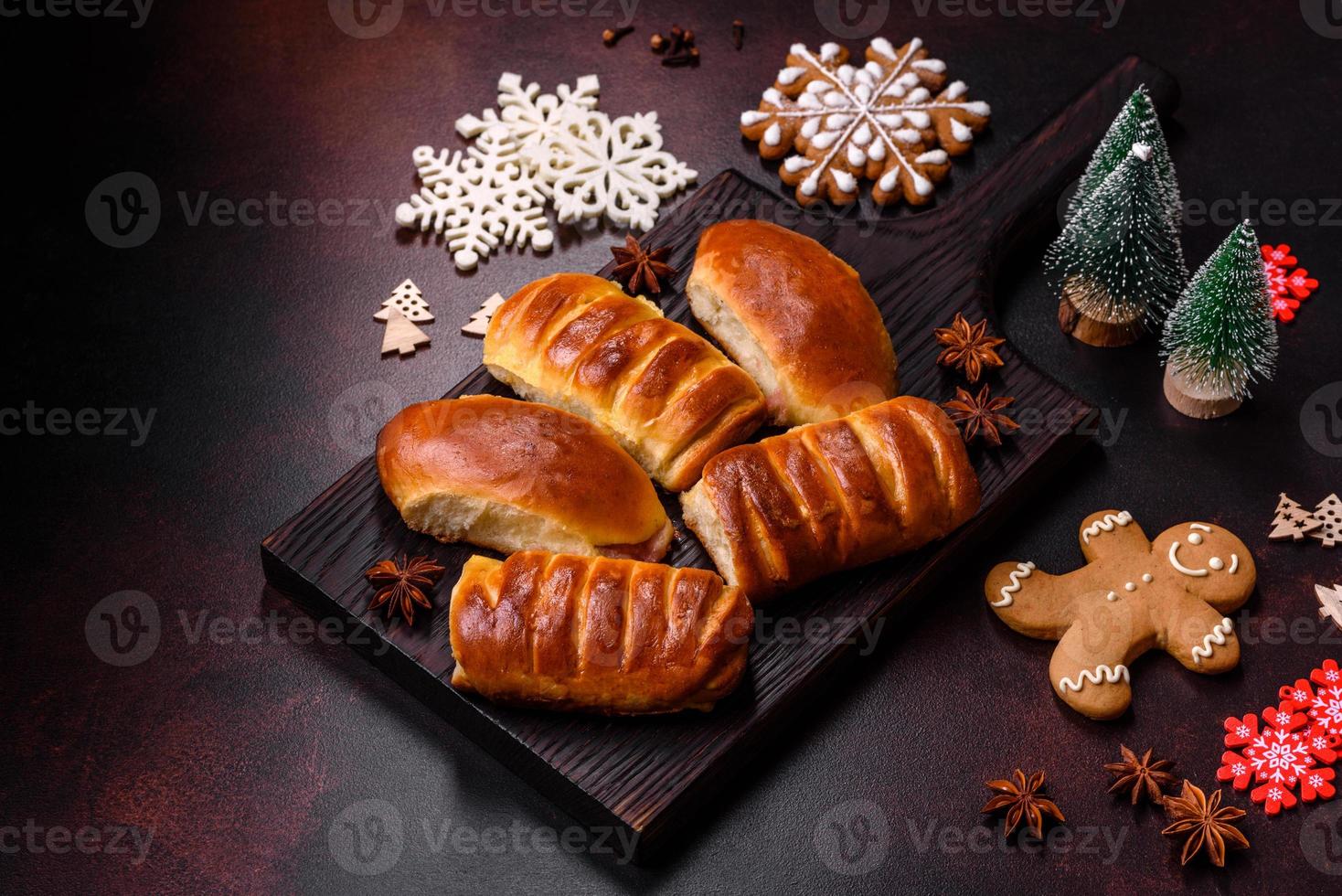 Sweet tasty fresh festive baking on a dark concrete background photo