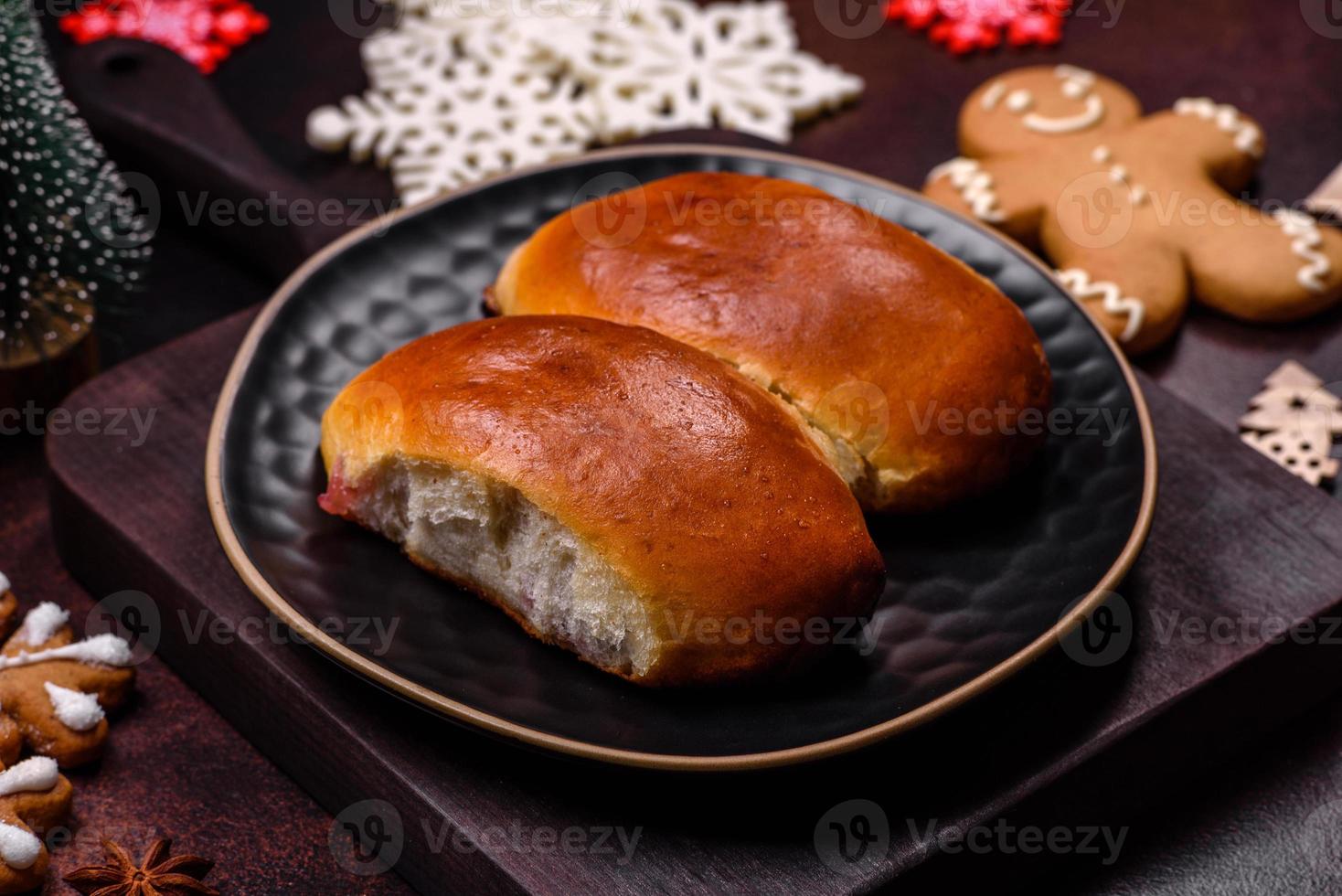 Sweet tasty fresh festive baking on a dark concrete background photo