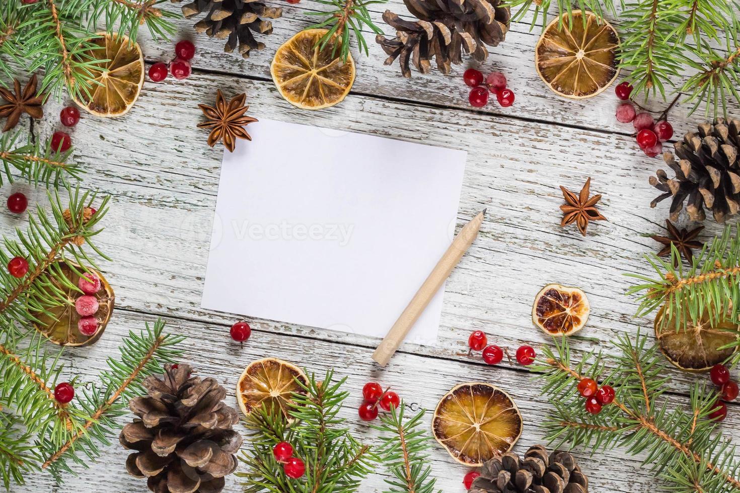 Christmas branches cones berries lemon with copy space photo