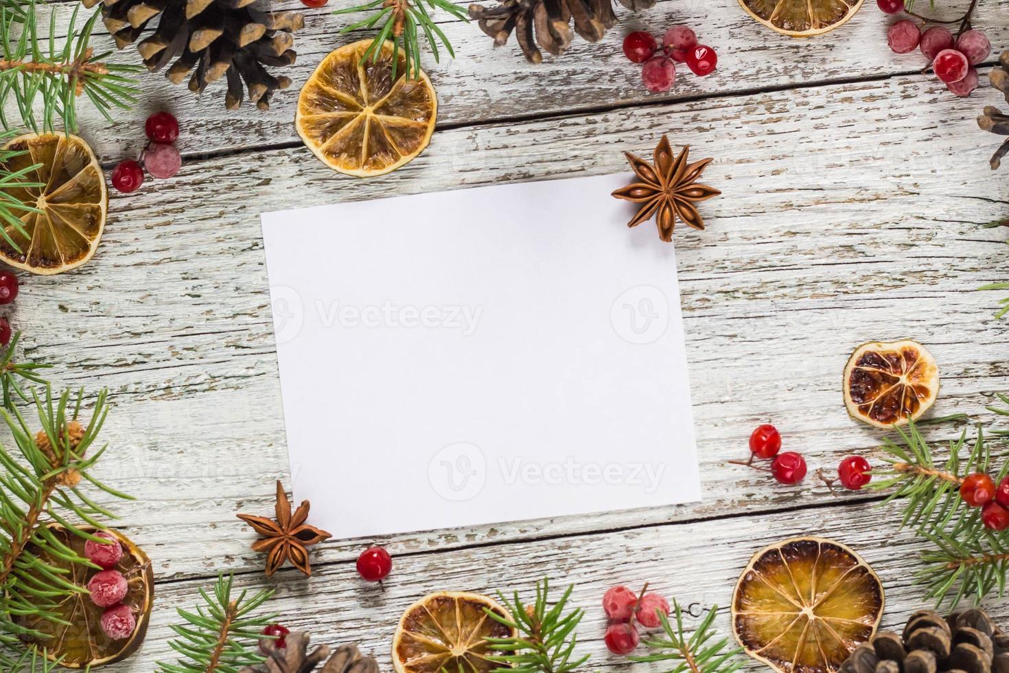 Christmas branches cones berries lemon with copy space photo