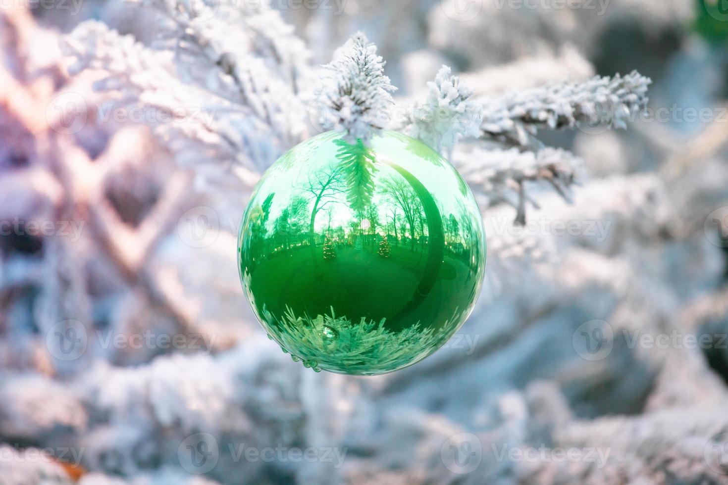 Green Christmas ball on white tree photo