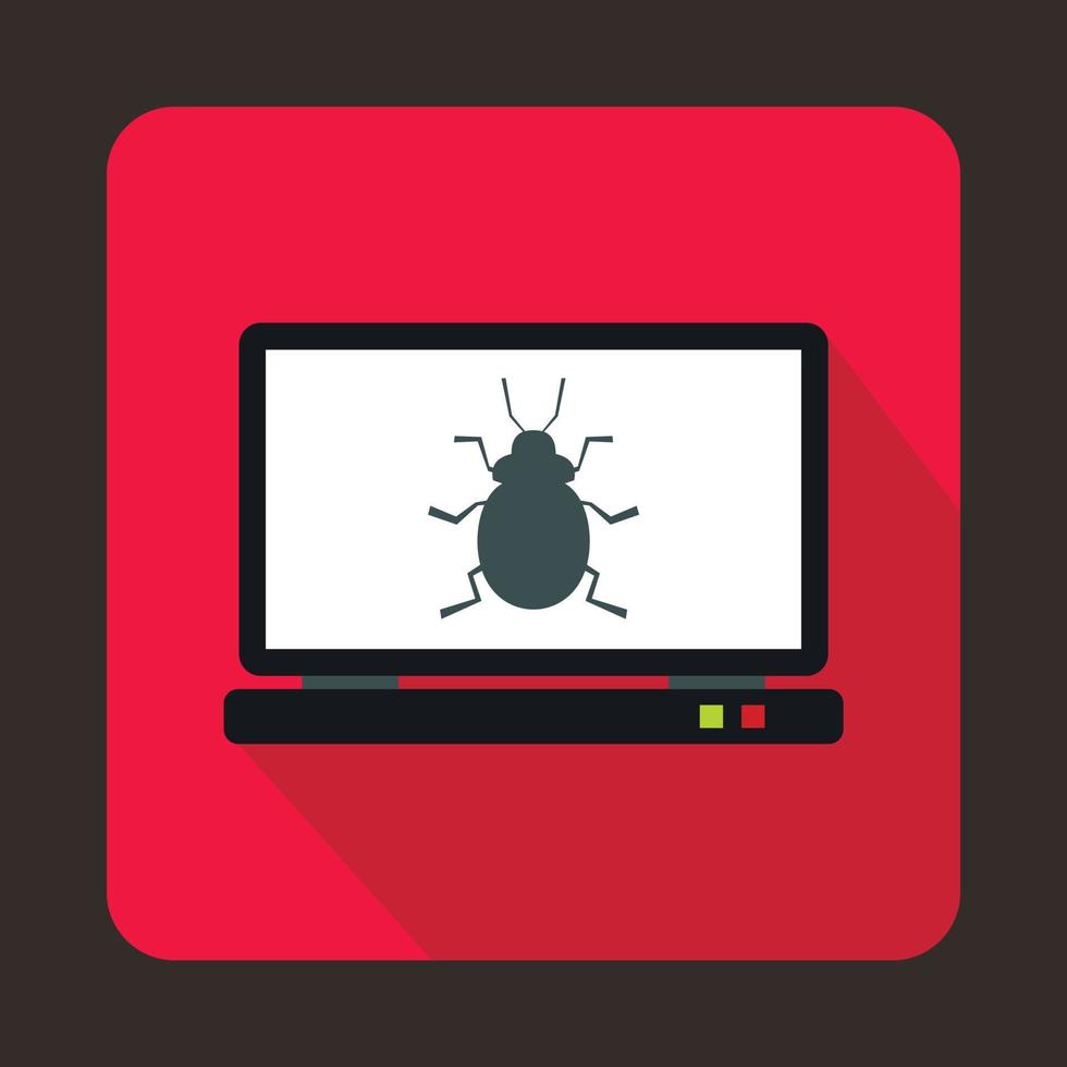 Laptop icon with a bug icon, flat style vector