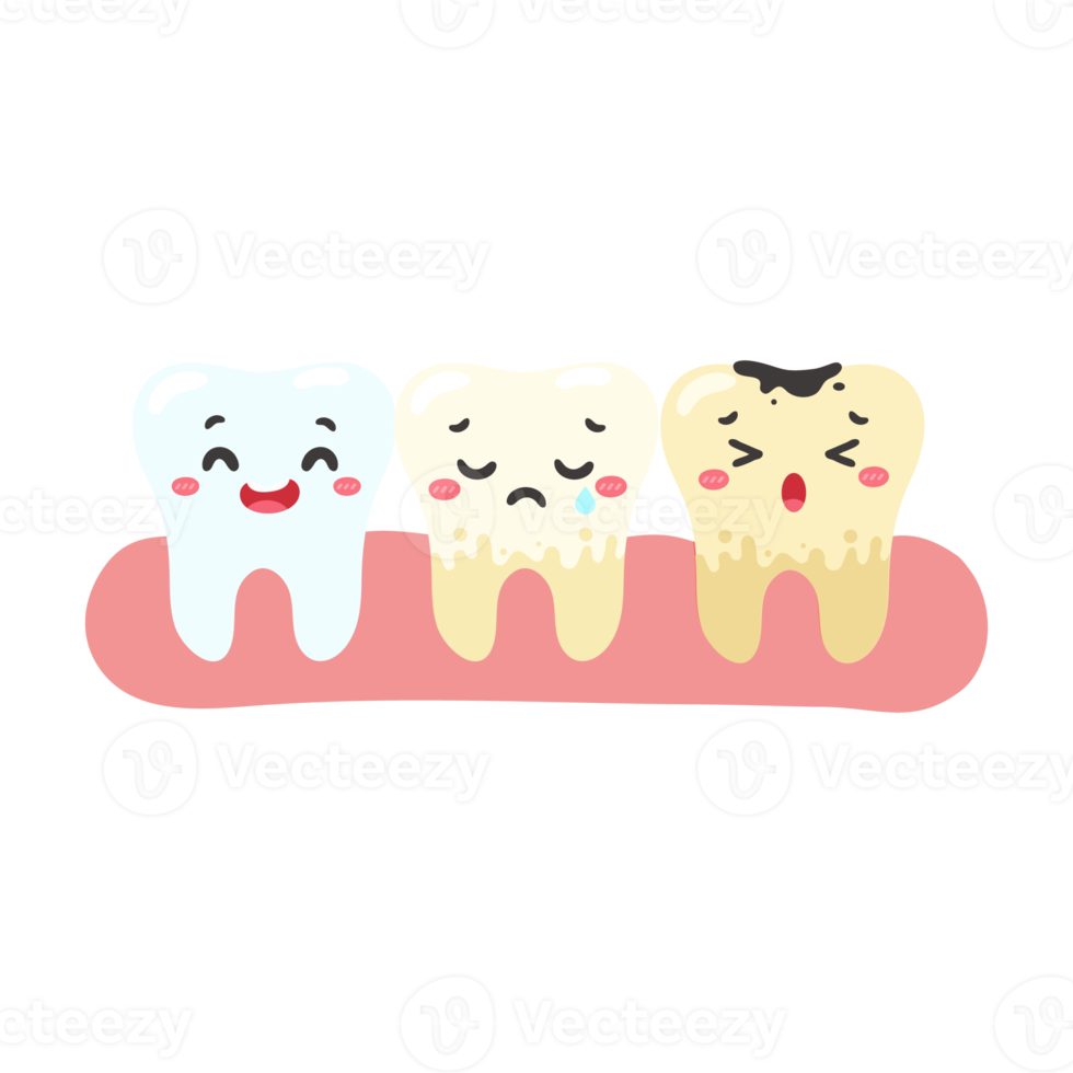 Cartoon teeth and gums inside the mouth are happy with the problem of tooth decay. There are plaque on the teeth. png