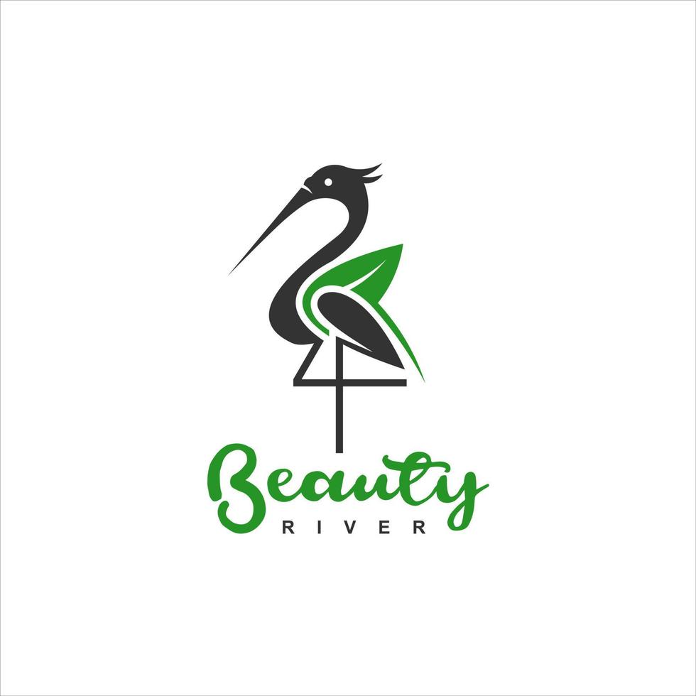 standing heron logo simple illustration of bird with organic leaves vector