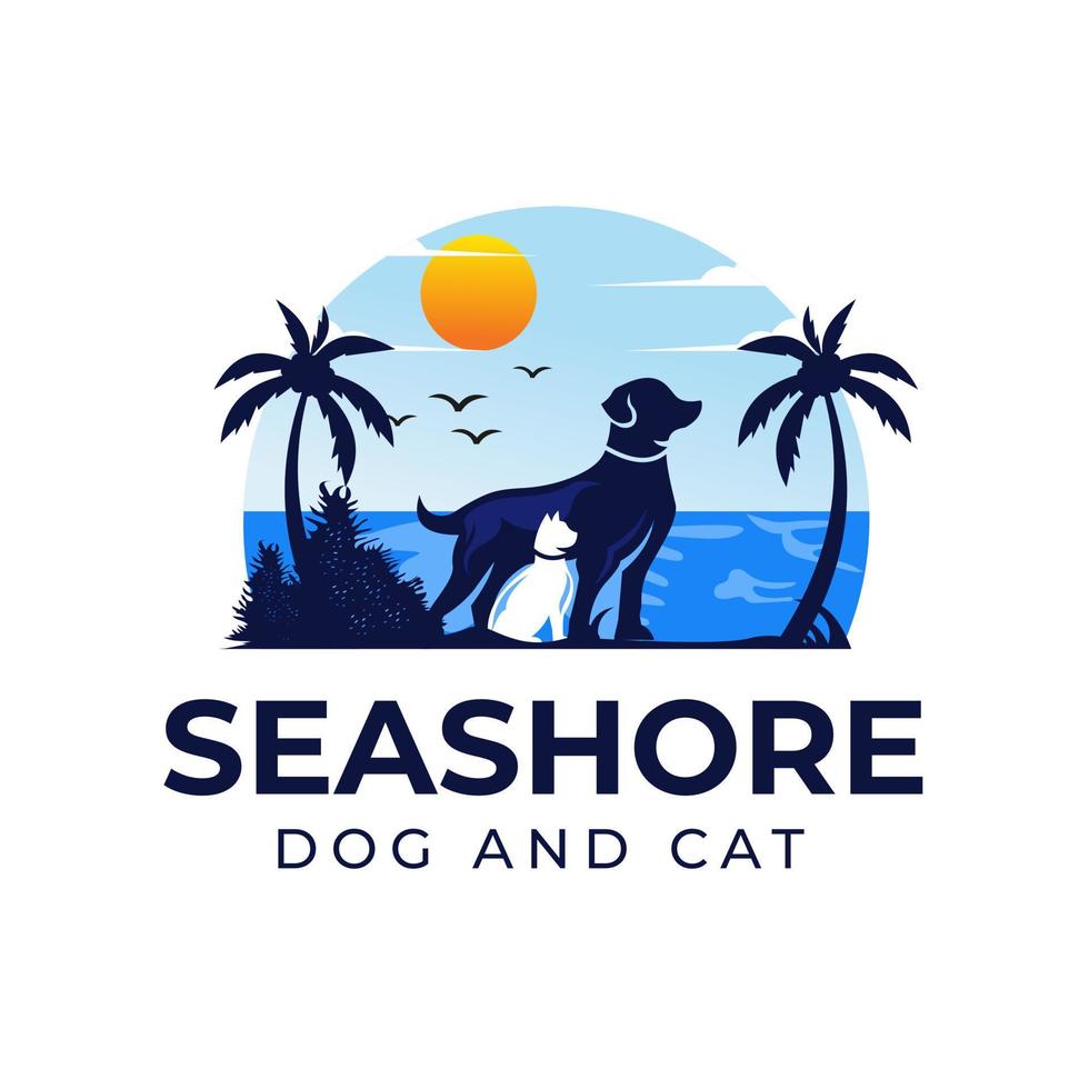 Vector Illustration Pets dog and cat island view background, lake, sun can be used pet shop