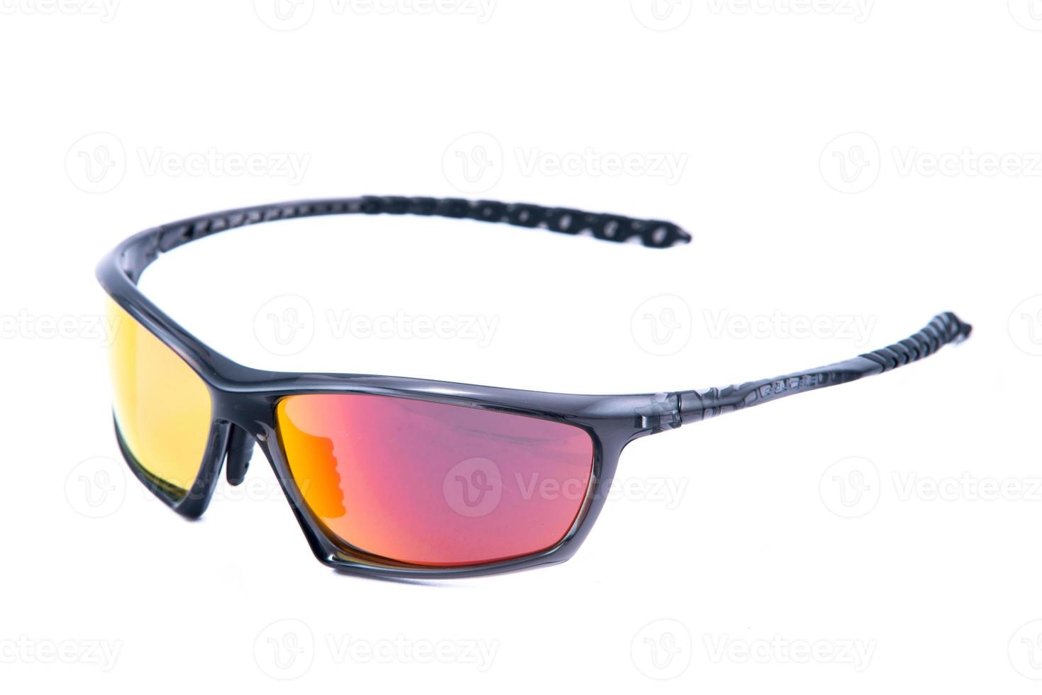 Fashion sunglasses black frames and uv protection lens on white background. photo