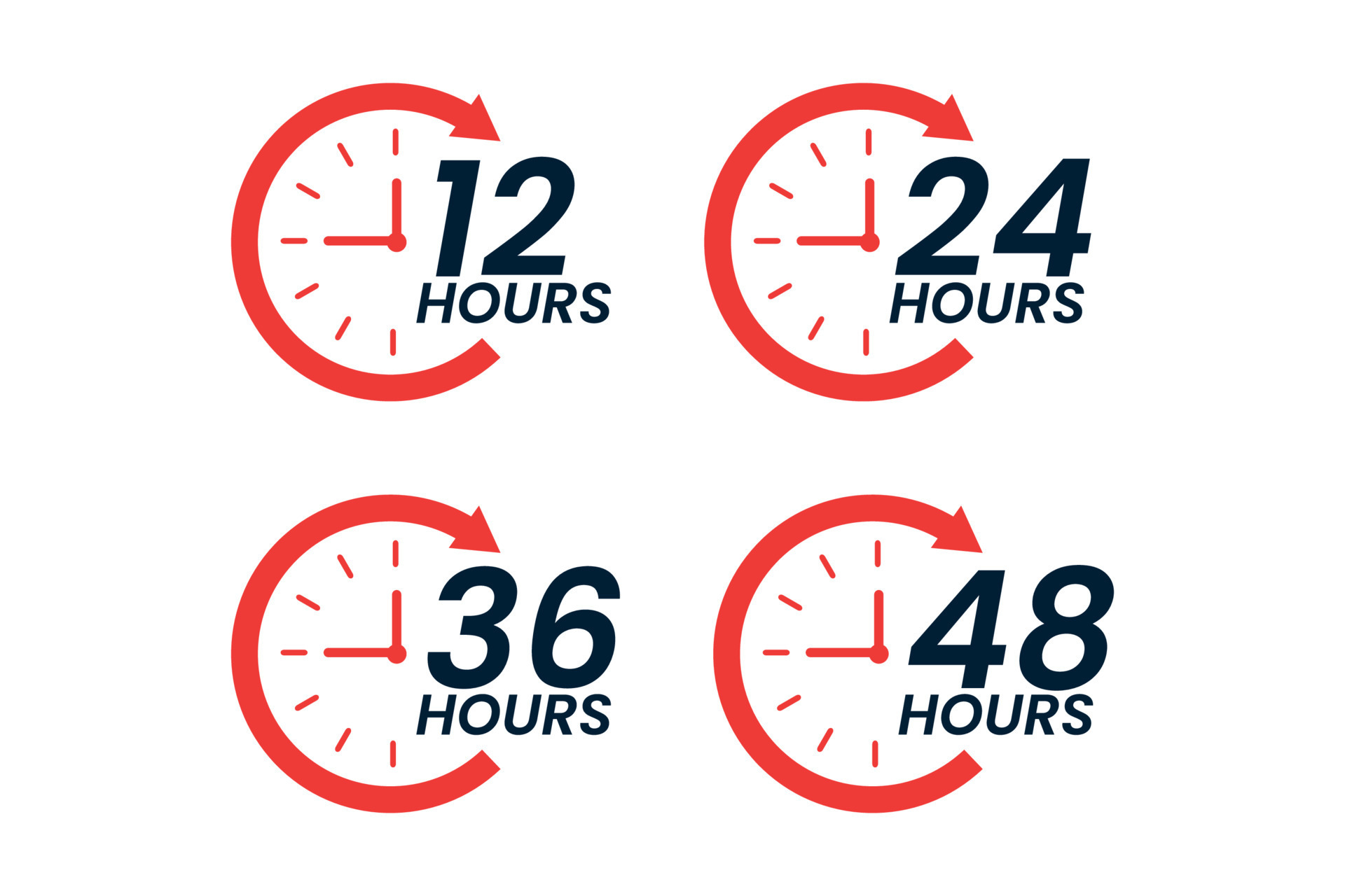 Various time stickers 12 24 36 and 48 hours clock with arrow order delivery service icon