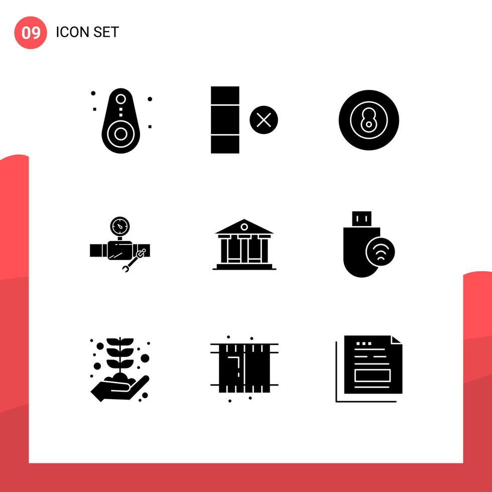 Pack of 9 Modern Solid Glyphs Signs and Symbols for Web Print Media such as building gage baseball repair building Editable Vector Design Elements