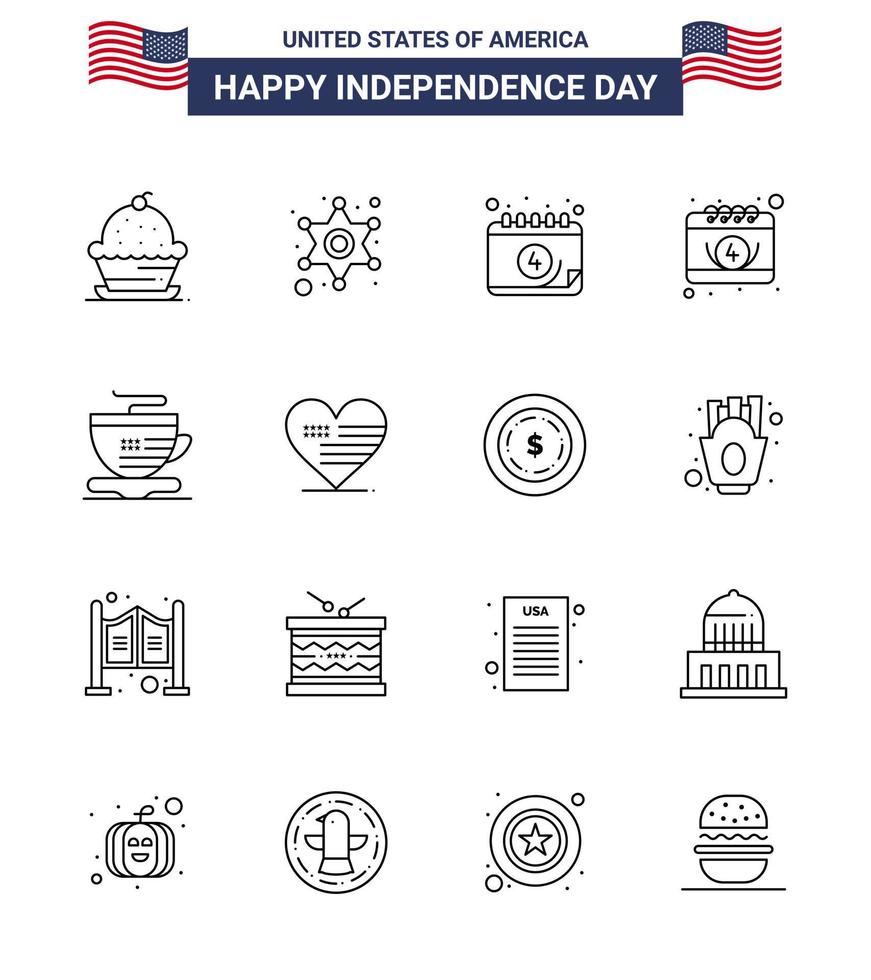paquete de 16 líneas de celebración del día de la independencia de EE. UU. Signos y símbolos del 4 de julio, como amor, café, policía, signo, copa, día, editable, día de EE. UU., elementos de diseño vectorial vector
