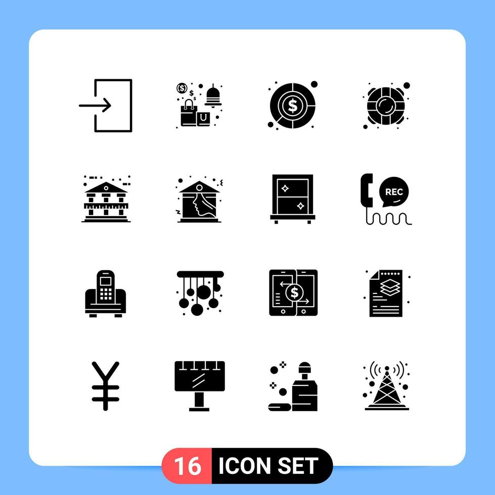paquete de 16 signos y símbolos de glifos sólidos modernos para medios de impresión web, como elementos de diseño de vectores editables de vida de seguridad de contabilidad de arquitectura de edificios bancarios